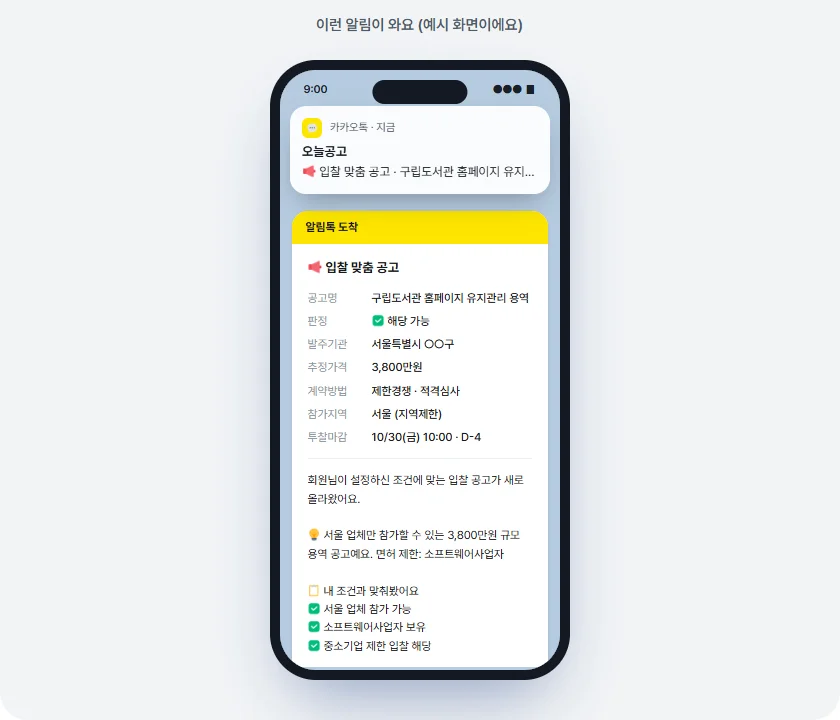 오늘공고 입찰 맞춤 공고 알림톡 예시 화면: 공고명, 판정 해당 가능, 발주기관, 추정가격, 투찰마감, 조건별 체크