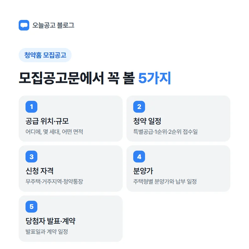 청약홈 모집공고문에서 꼭 볼 5가지: 공급 위치와 규모, 청약 일정, 신청 자격, 분양가, 당첨자 발표와 계약일